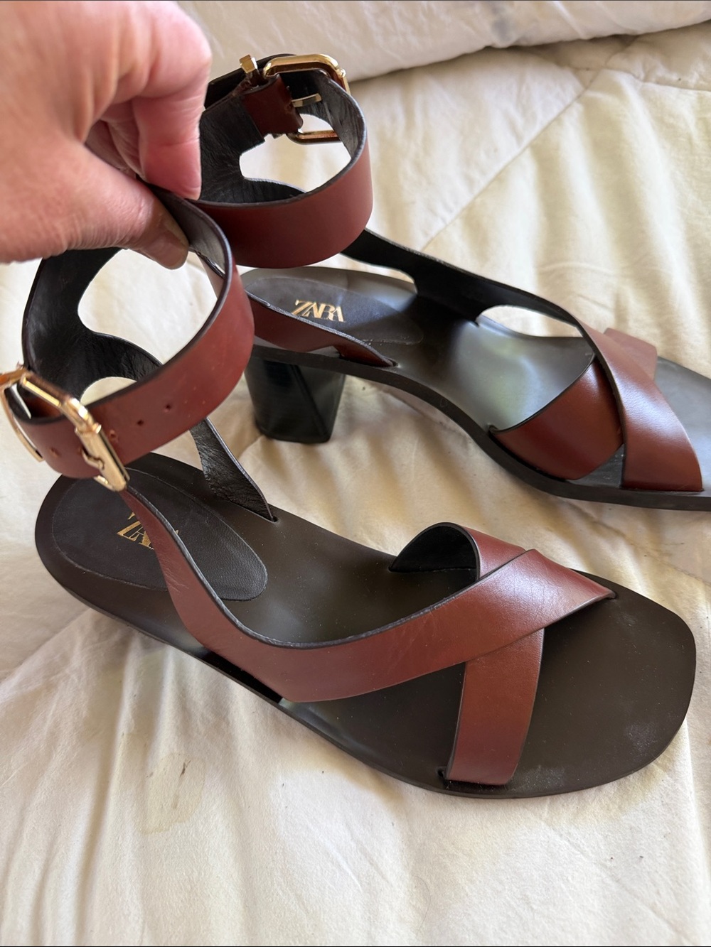 Zara Chestnut Leather Crisscross Ankle-Strap Block Heel Sandals